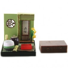 SR-64180 Wa no Takumi Tea Room Mini Furniture Trading Figure - Indoor Backdrop - Pink/Green/Brown Striped-Pot (2" Scene)